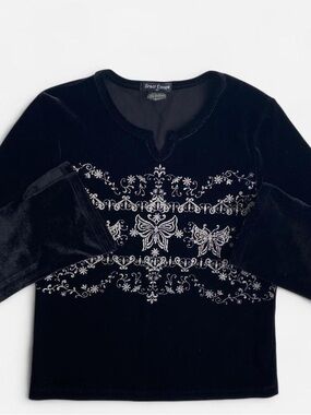 Vintage girls sparkly black velvet butterfly long sleeve top